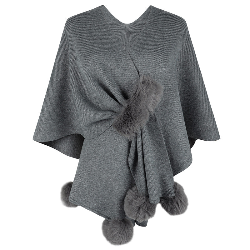 Damen eleganter Poncho mit luxuriösem Kunstfellbesatz Merchesia