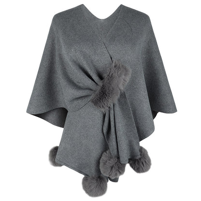 Damen eleganter Poncho mit luxuriösem Kunstfellbesatz Merchesia