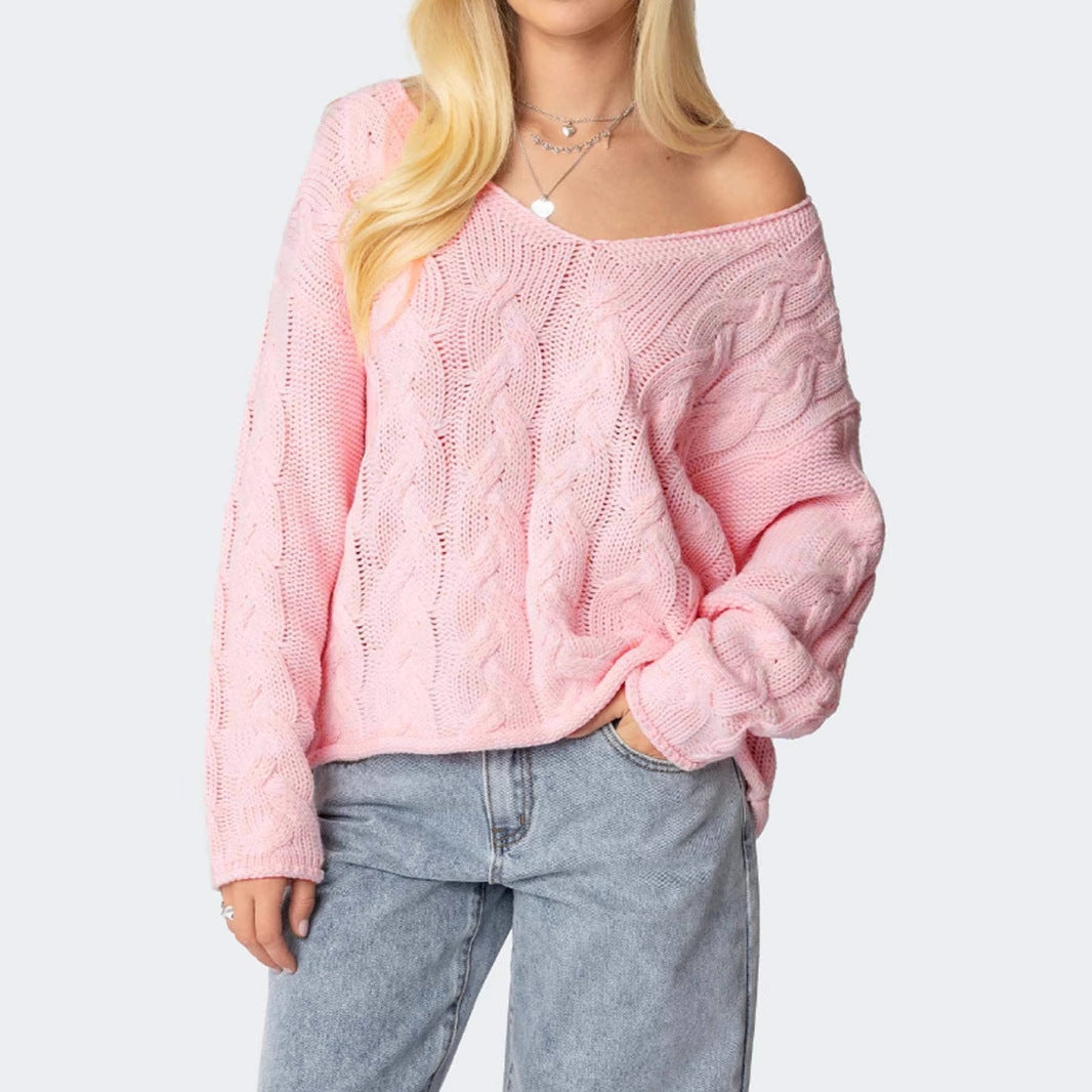 Damen Grobstrickpullover mit tiefem V-Ausschnitt und lässiger Silhouette Merchesia