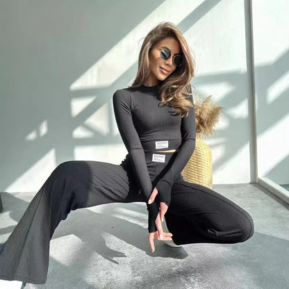 Damen Elegantes langärmeliges Oberteil mit passender Hose im Rippdesign Merchesia