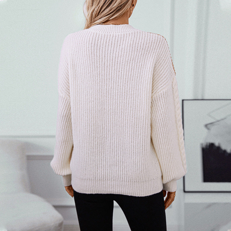 Damen modischer Strickpullover mit raffinierten Zopfmuster-Ärmeln und Kontrastfarben Merchesia
