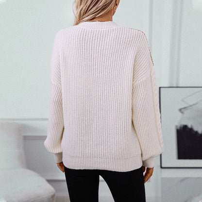 Damen modischer Strickpullover mit raffinierten Zopfmuster-Ärmeln und Kontrastfarben Merchesia