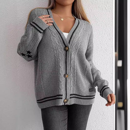 Damen lässiger Strickcardigan mit strukturiertem Zopfmuster und dekorativen Knöpfen Merchesia
