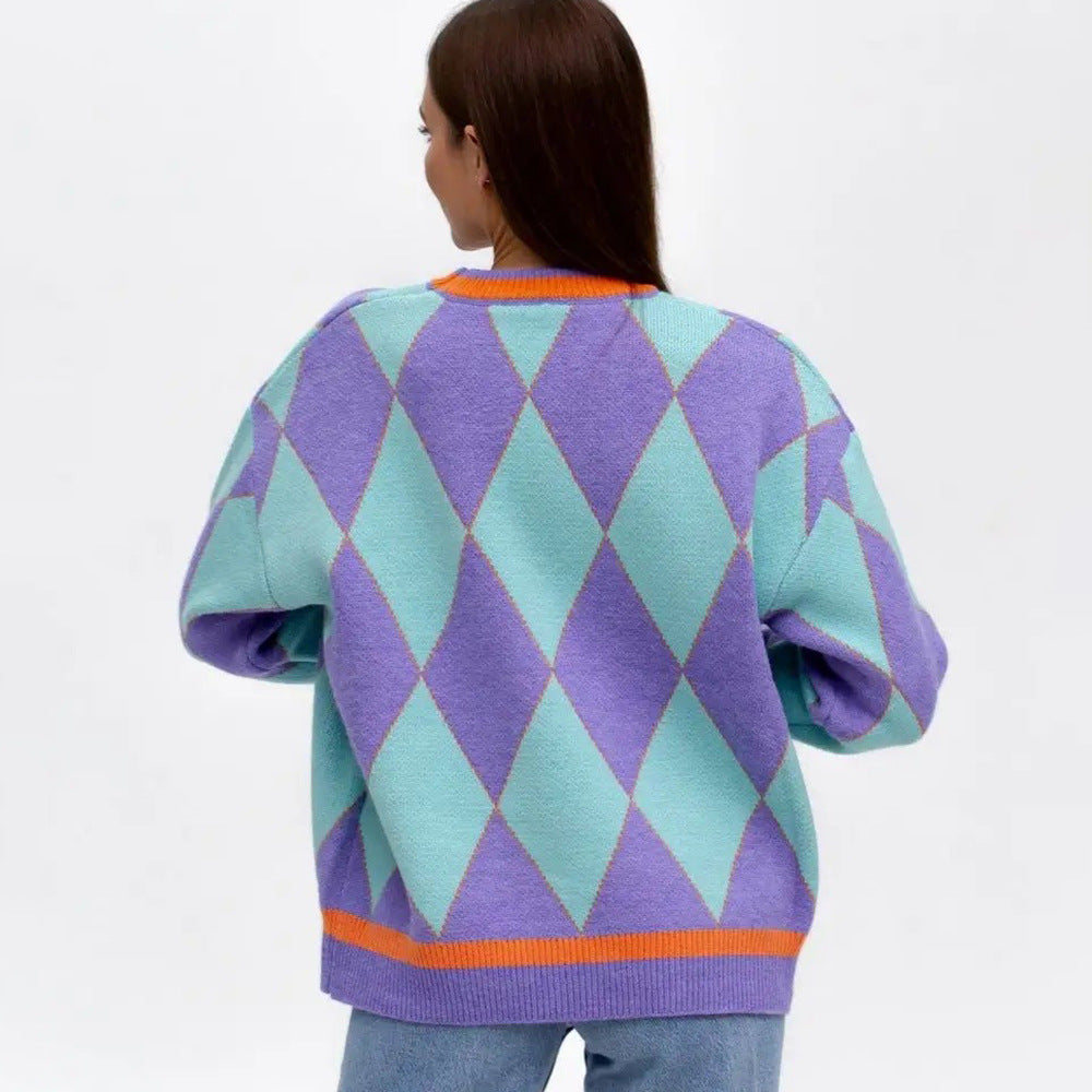 Damen Gemusterter Oversized Pullover mit modernem Rautenmuster und elastischen Säumen Merchesia