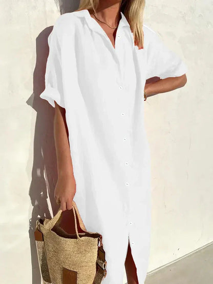 elegantes, lässiges kleid für damen mit weiten Ärmeln und knöpfen kleid aus baumwolle und leinen