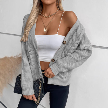 Damen Strickjacke mit Zopfmuster und Knopfdetails Merchesia