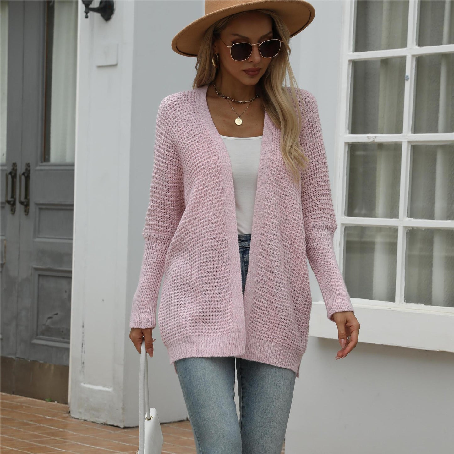 Damen Großer Strickcardigan mit modernem Wabenmuster und offenem Schnitt Merchesia