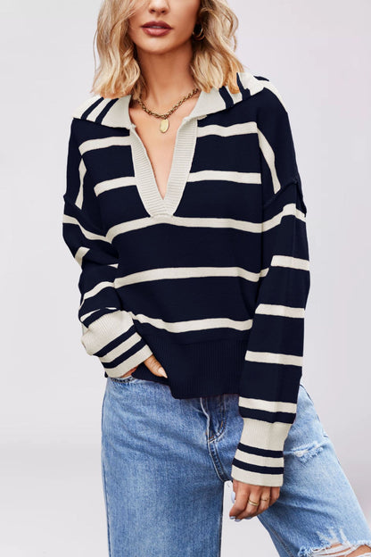 Damen lässiger Pullover mit V-Ausschnitt und breitem Streifenmuster Merchesia