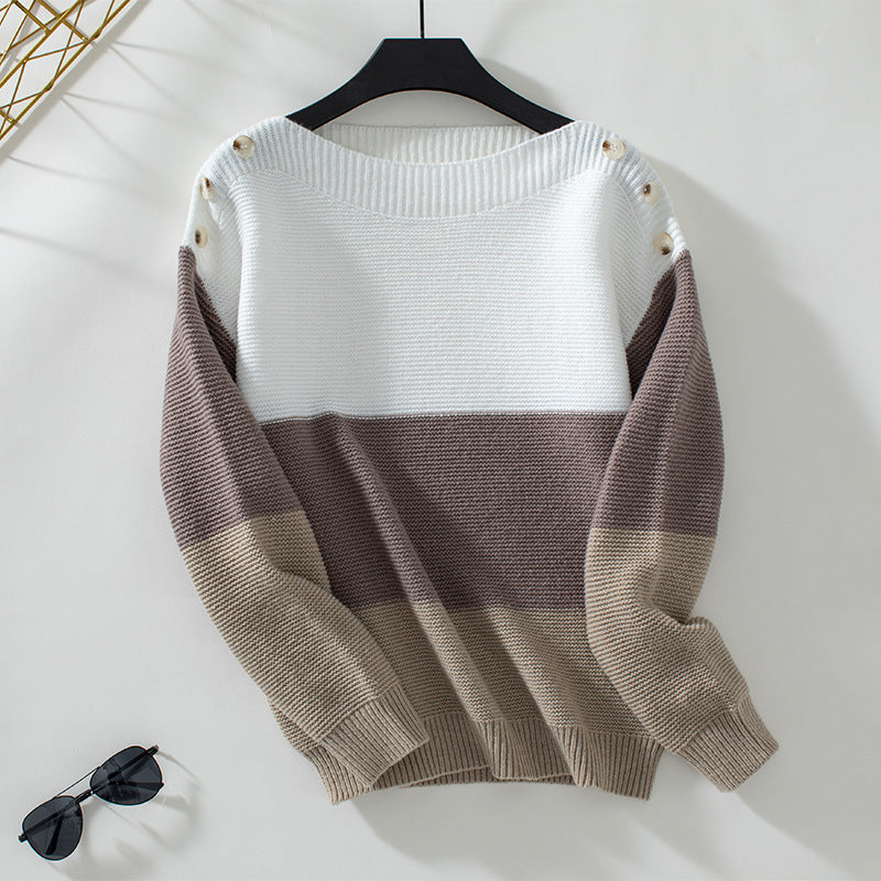 Damen modischer Strickpullover mit dekorativen Knopfdetails und Blockstreifen Merchesia