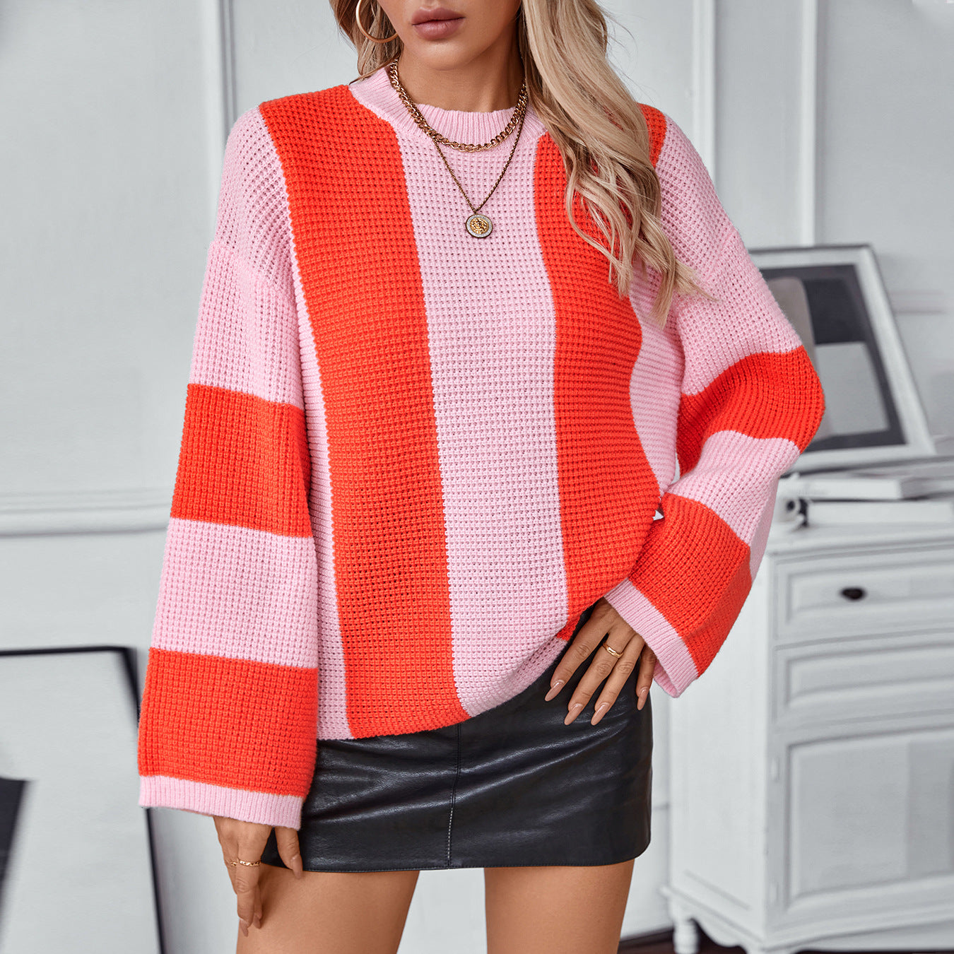 Damen Strickpullover mit innovativem Blockstreifen-Design und lässigem Schnitt Merchesia