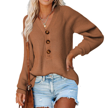 Damen Strickpullover mit tiefem V-Ausschnitt und großen Holzknöpfen Merchesia