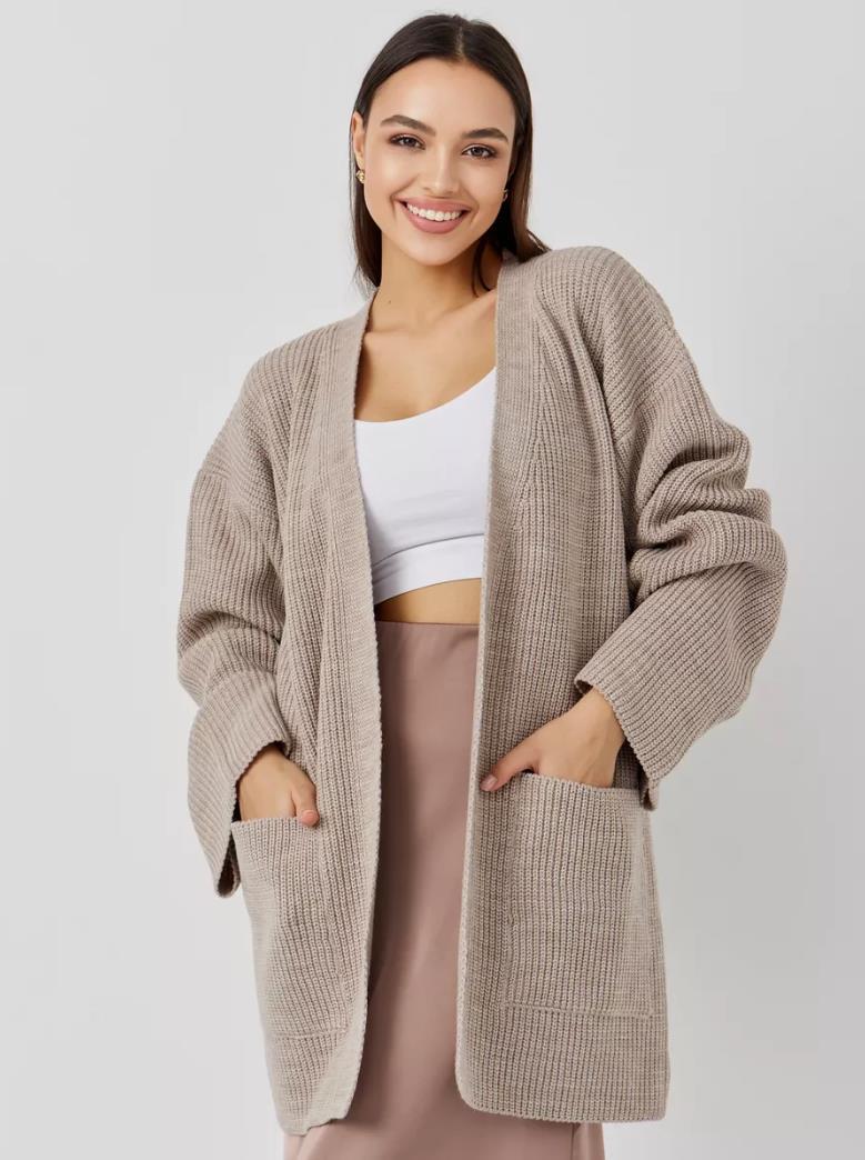 Damen Großer Strickcardigan mit voluminösen Ärmeln und praktischen Taschen Merchesia