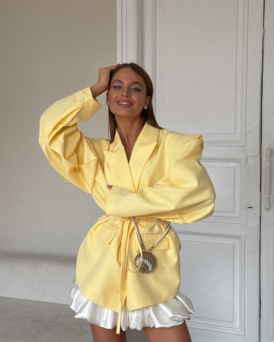 Damen Oversized Blazer mit Bindegürtel und praktischen Taschen Merchesia