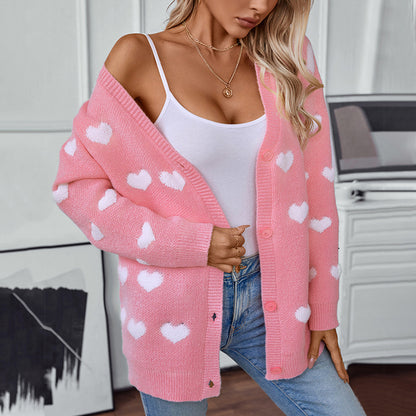 Damen gemütliche Strickjacke mit Herzmuster und V-Ausschnitt Merchesia