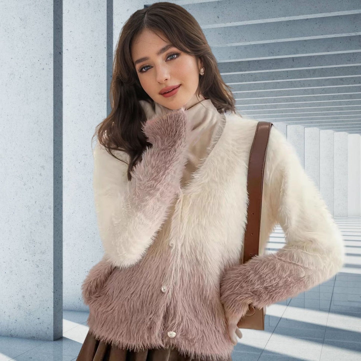 Damen modischer Strickcardigan mit elegantem Kunstfell und Knopfleiste Merchesia