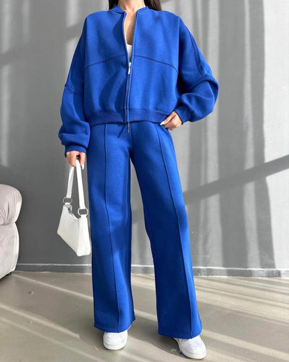 Damen Freizeitlook mit lässiger Zip-Jacke und weit geschnittener Hose Merchesia