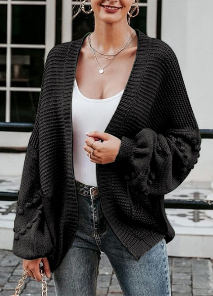 Damen Strickjacke mit Ballonärmeln und strukturierter Maschenoptik Merchesia