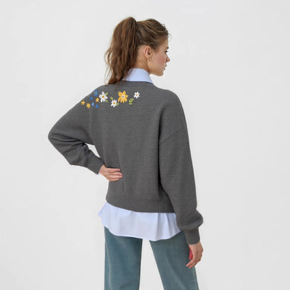 Damen Strickpullover mit floralen Stickereien und lässigem Schnitt Merchesia