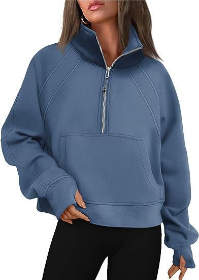 Damen kuscheliger Half-Zip Pullover mit Kapuze und Kängurutasche Merchesia