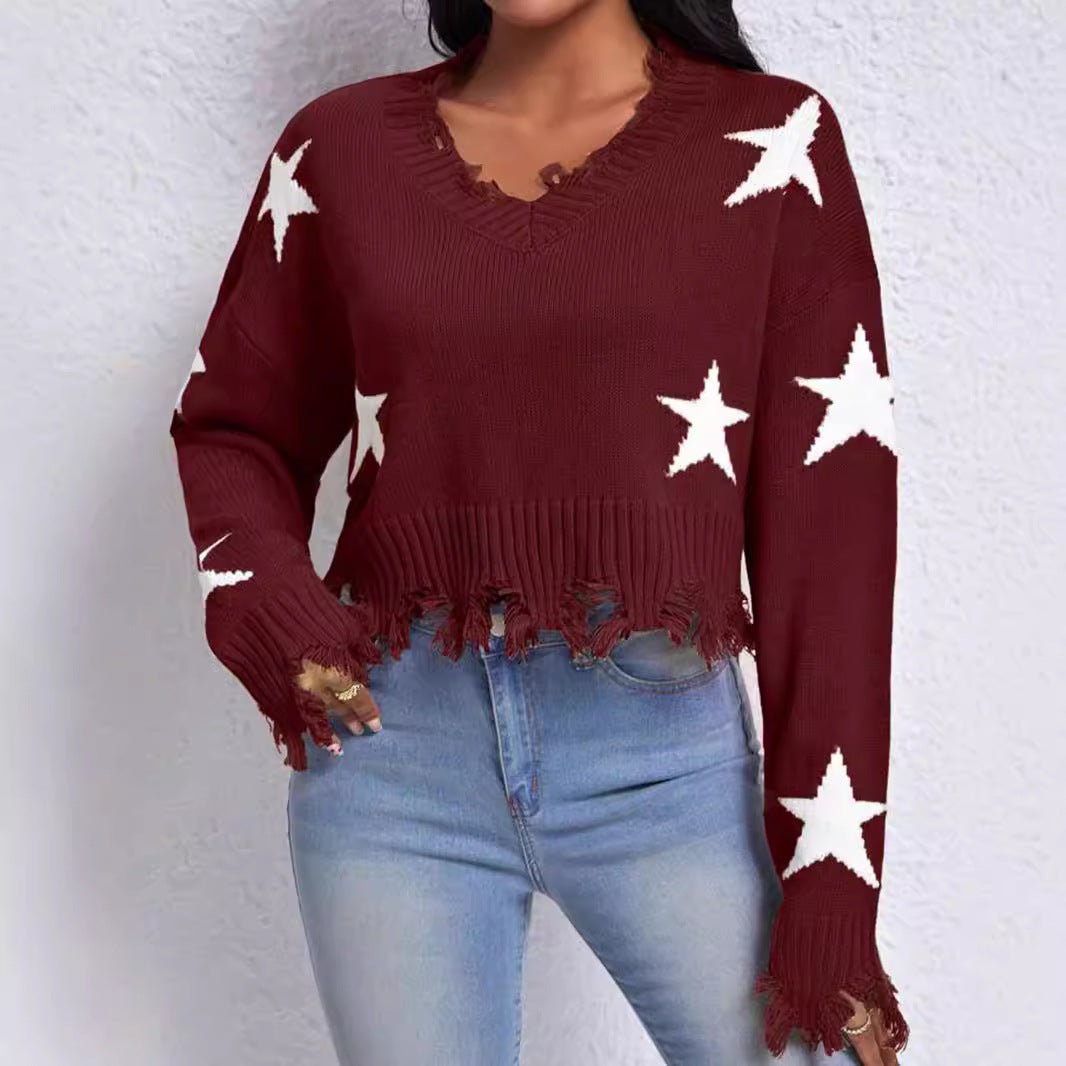 Damen modischer Sweatpullover mit Sternenmotiv und ausgefranstem Saum Merchesia