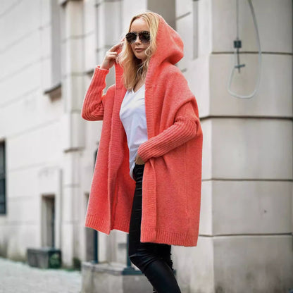 Damen lässiger Strickcardigan mit Kapuze und weiten Ärmeln Merchesia