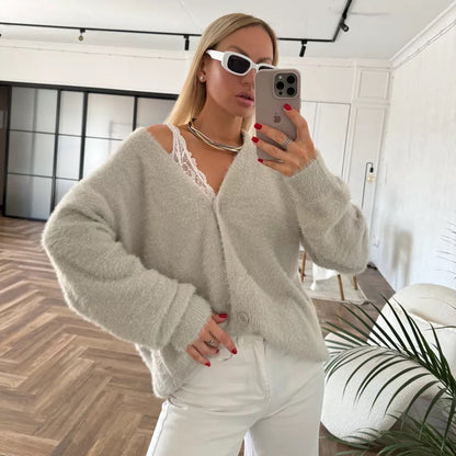 Damen Flauschige Strickjacke mit offenem Design und weichen Ärmeln Merchesia