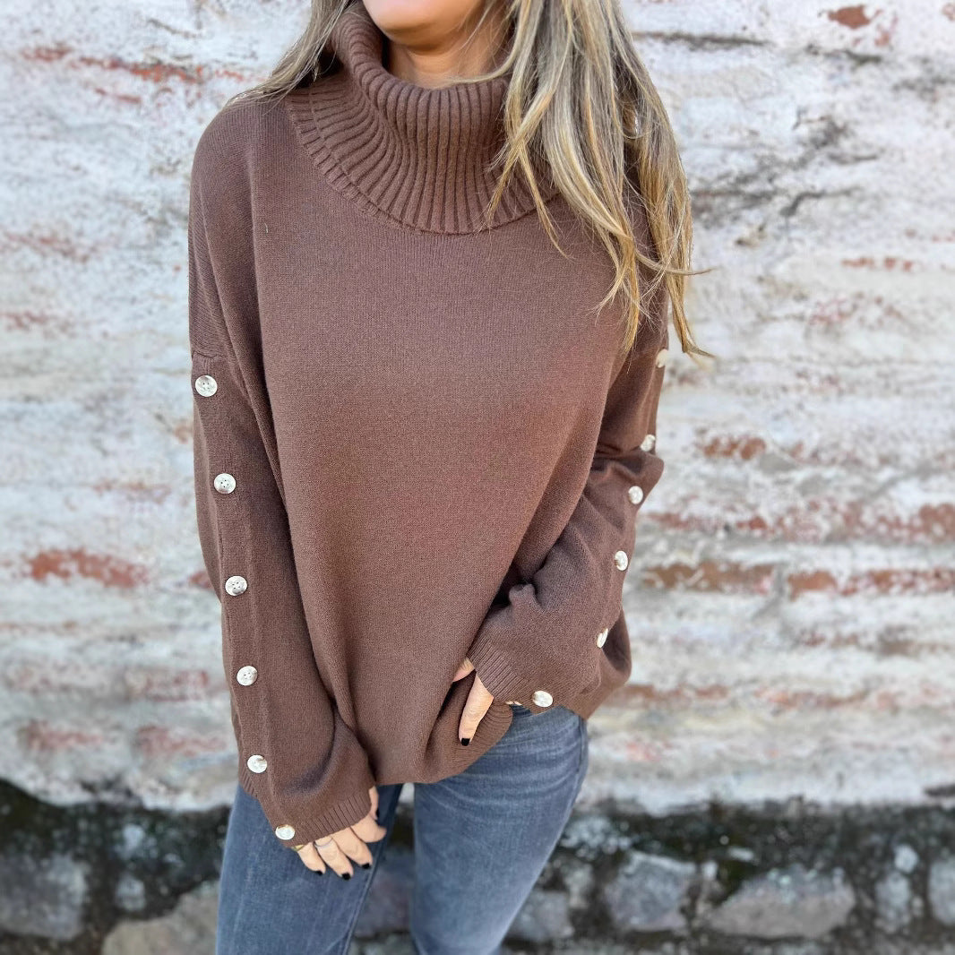 Damen kuscheliger Rollkragenpullover mit dekorativen Knöpfen Merchesia