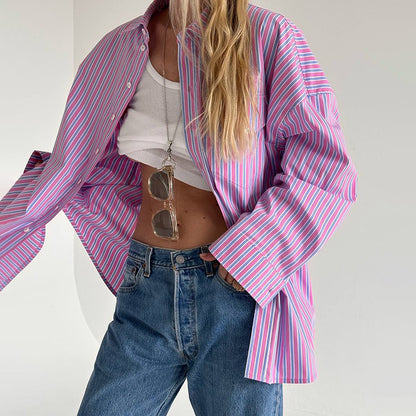 Damen Oversized Hemdbluse mit feinen Streifen Merchesia