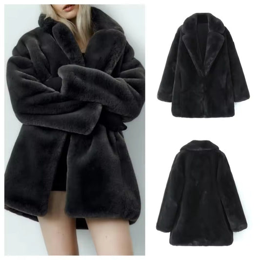 Damen Flauschiger Oversized-Kunstpelzmantel mit tiefem Revers Merchesia