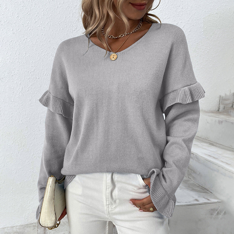 Damen eleganter Pullover mit Rüschendetails und V-Ausschnitt Merchesia