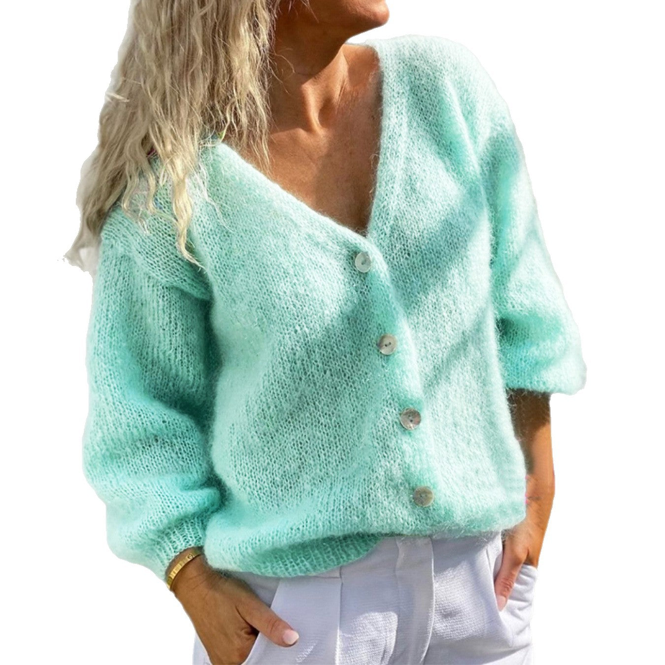 Damen gemütliche Strickjacke mit V-Ausschnitt und lässigen Puffärmeln Merchesia