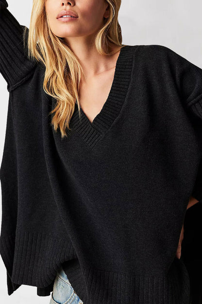 Damen lässiger V-Ausschnitt Pullover mit strukturierten Ärmeln und Oversized-Schnitt Merchesia