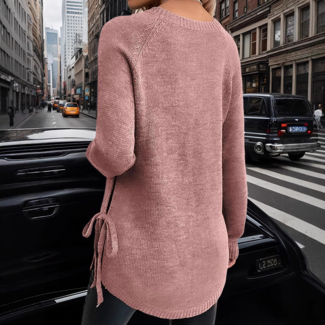 Damen lässiger Pullover mit seitlichen Bindebändern Merchesia