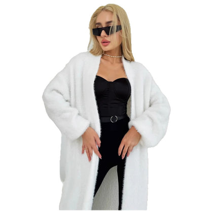 Damen Langer Flauschiger Cardigan mit offenem Schnitt und überschnittenen Ärmeln Merchesia