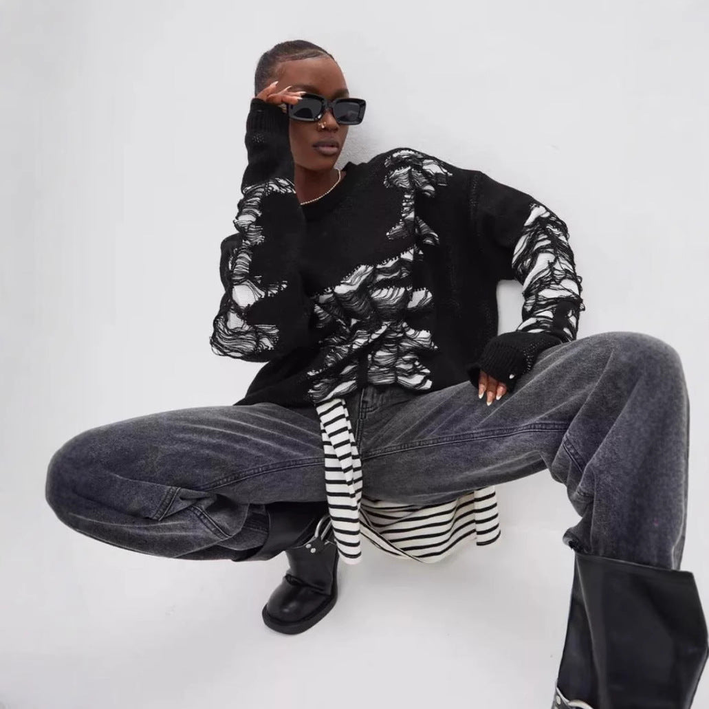 Damen grob gestrickter Oversized-Pullover mit einzigartiger Transparenzstruktur und modernen Akzenten Merchesia