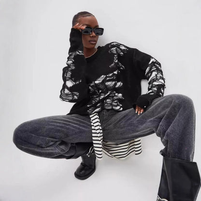 Damen grob gestrickter Oversized-Pullover mit einzigartiger Transparenzstruktur und modernen Akzenten Merchesia