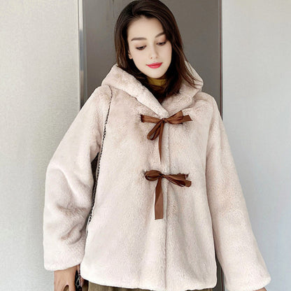 Damen Kuschelige Kunstpelzjacke mit Kapuze und Schleifendetails Merchesia