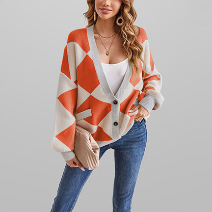 Damen kreativer Strickcardigan mit geometrischem Muster Merchesia