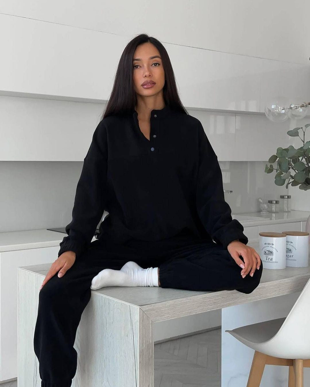 Damen Freizeitlicher Fleece-Pullover mit halber Knopfleiste und lässigem Schnitt Merchesia