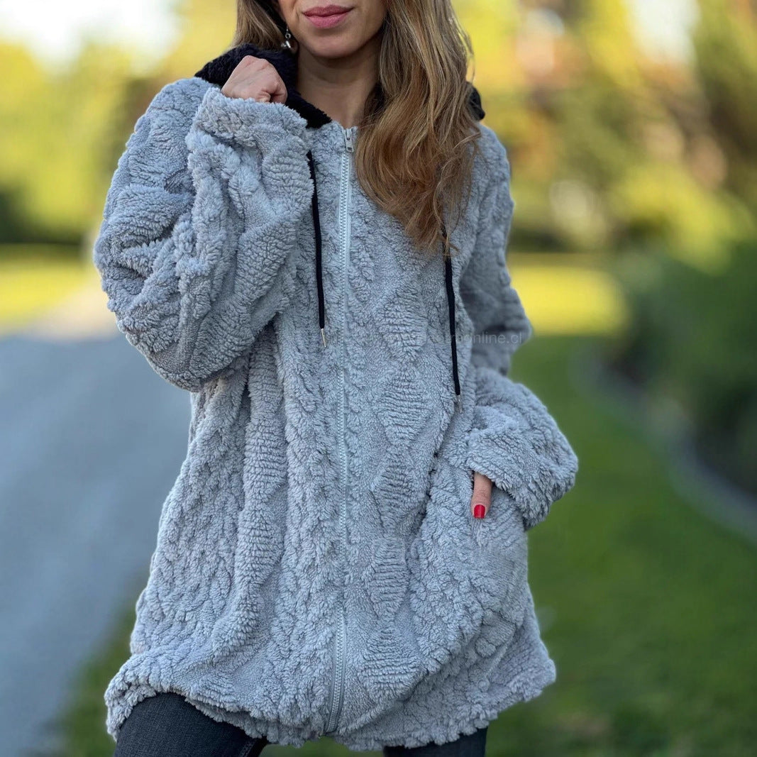Damen Übergroße Fleecejacke mit Kapuze und Reißverschluss Merchesia