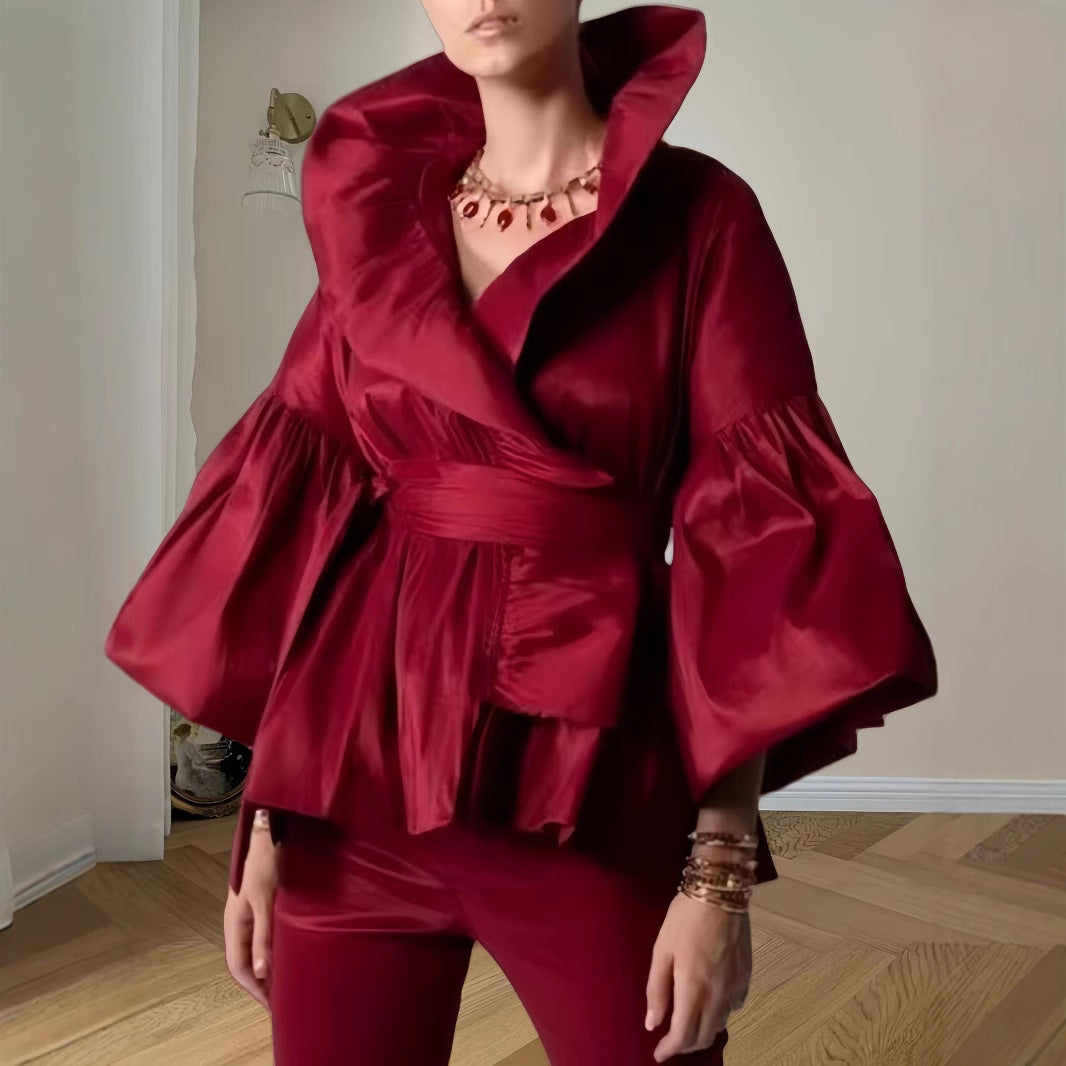 Damen Elegante Wickeljacke mit voluminösen Ärmeln und modernem Kragen Merchesia