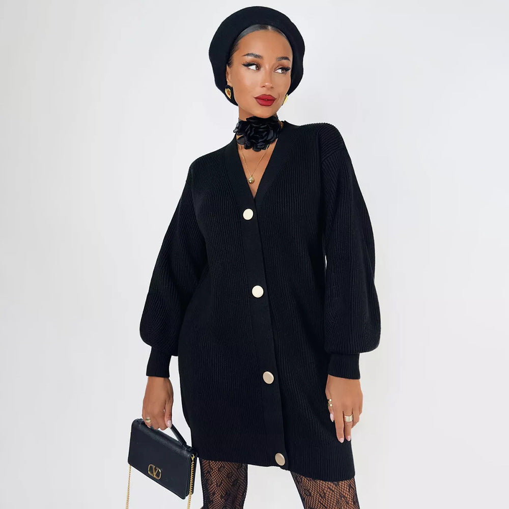 Damen Strickjacke mit Puffärmeln und Knopfdétails Merchesia