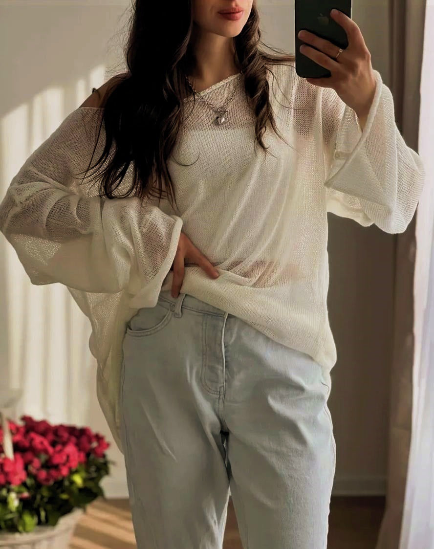 Damen luftige Strickbluse mit offenen Schultern und weiten Ärmeln Merchesia