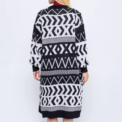 Damen Langer Strickcardigan mit geometrischem Muster und lässigem Schnitt Merchesia