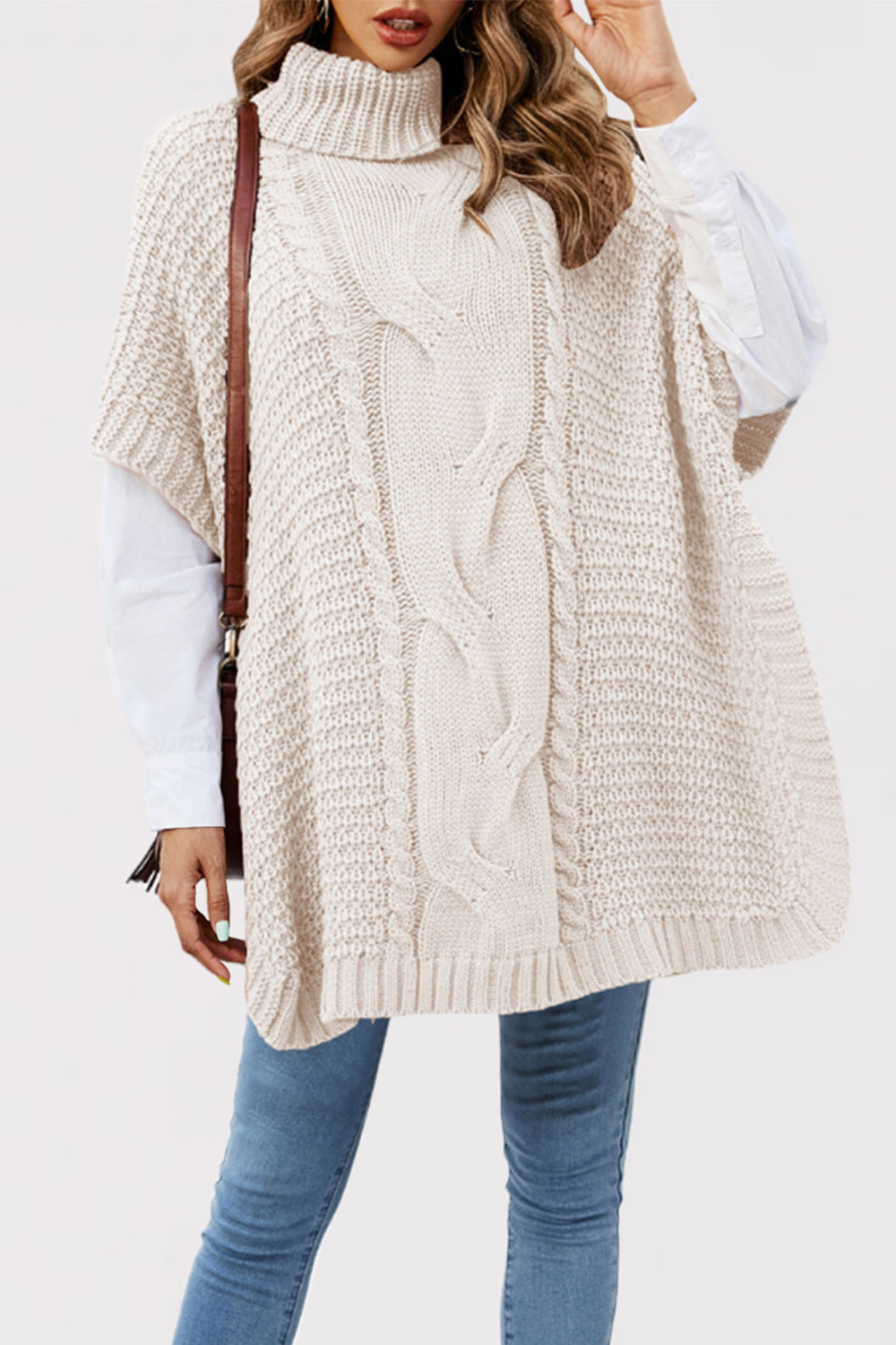 Damen Strickponcho mit hohen Kragen und Kabelmuster Merchesia