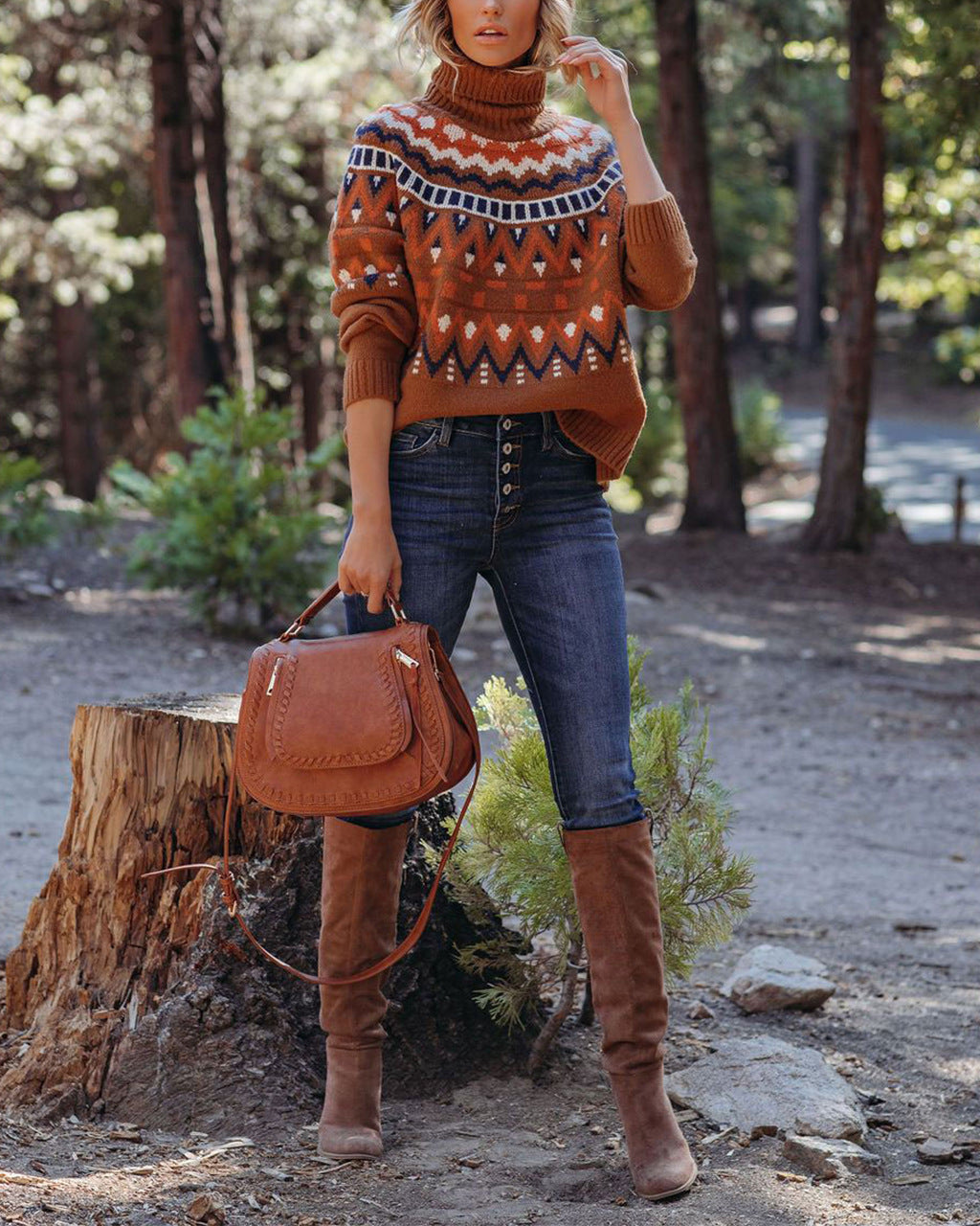 Damen Modischer Strickpullover mit Stehkragen und geometrischem Muster Merchesia