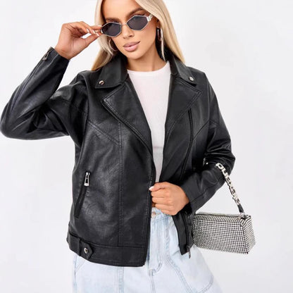 Damen hochwertige Kunstlederjacke im Biker-Stil mit asymmetrischem Reißverschluss Merchesia