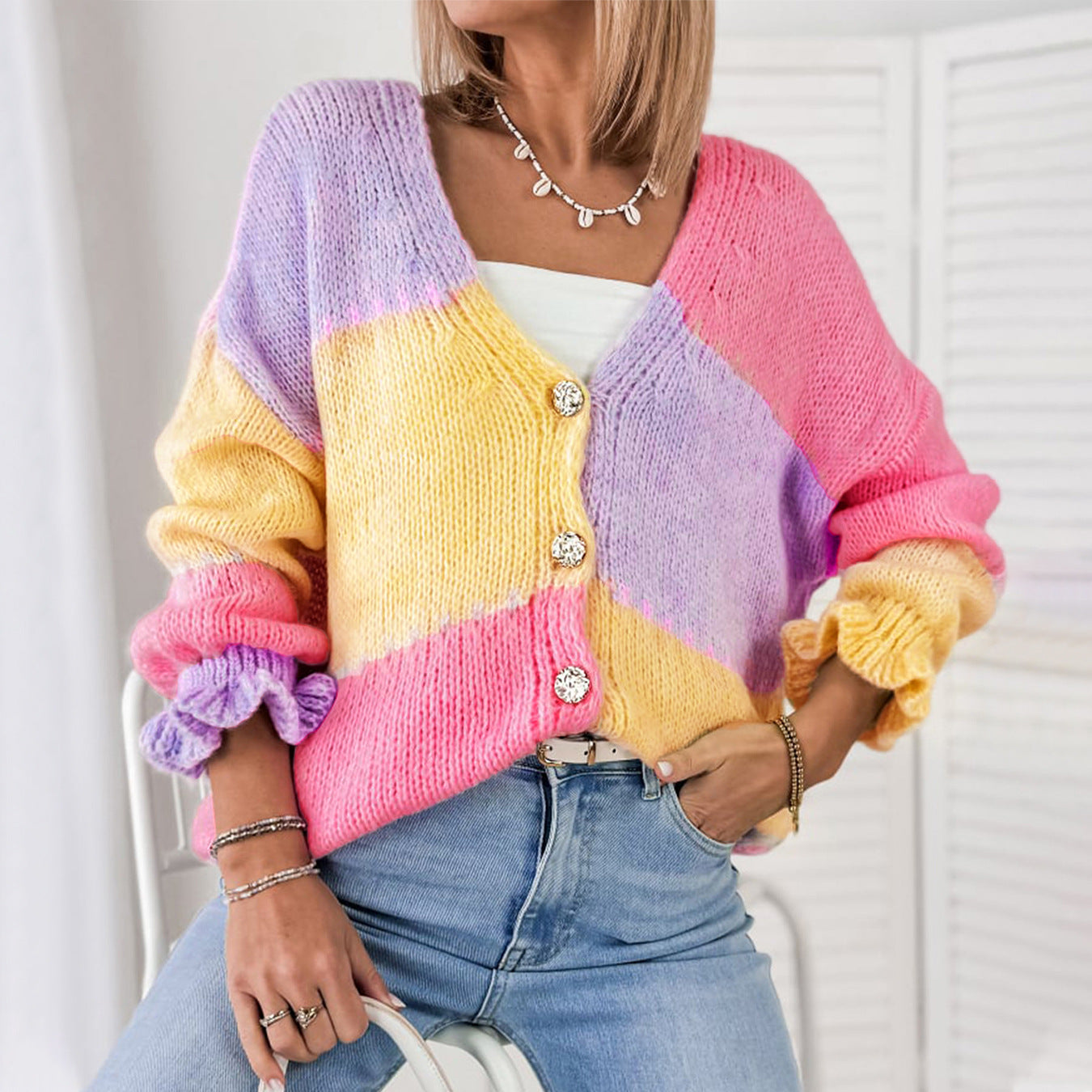 Damen modischer Oversized-Cardigan mit buntem Streifenmuster und voluminösen Ärmeln Merchesia