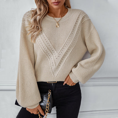 Damen Strickpullover mit V-Ausschnitt und dekorativem Strukturmuster Merchesia