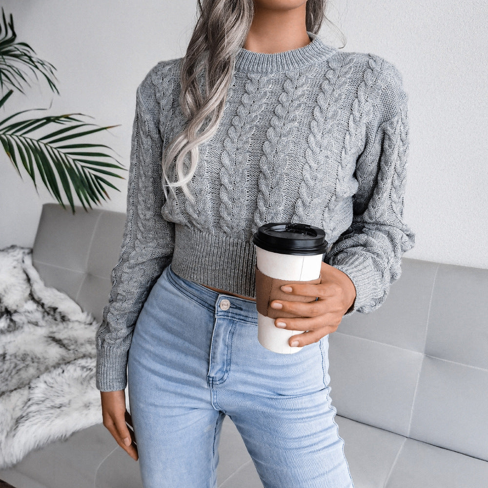 Damen Eleganter Cropped Strickpullover mit Zopfmuster und hochgeschlossenem Design Merchesia